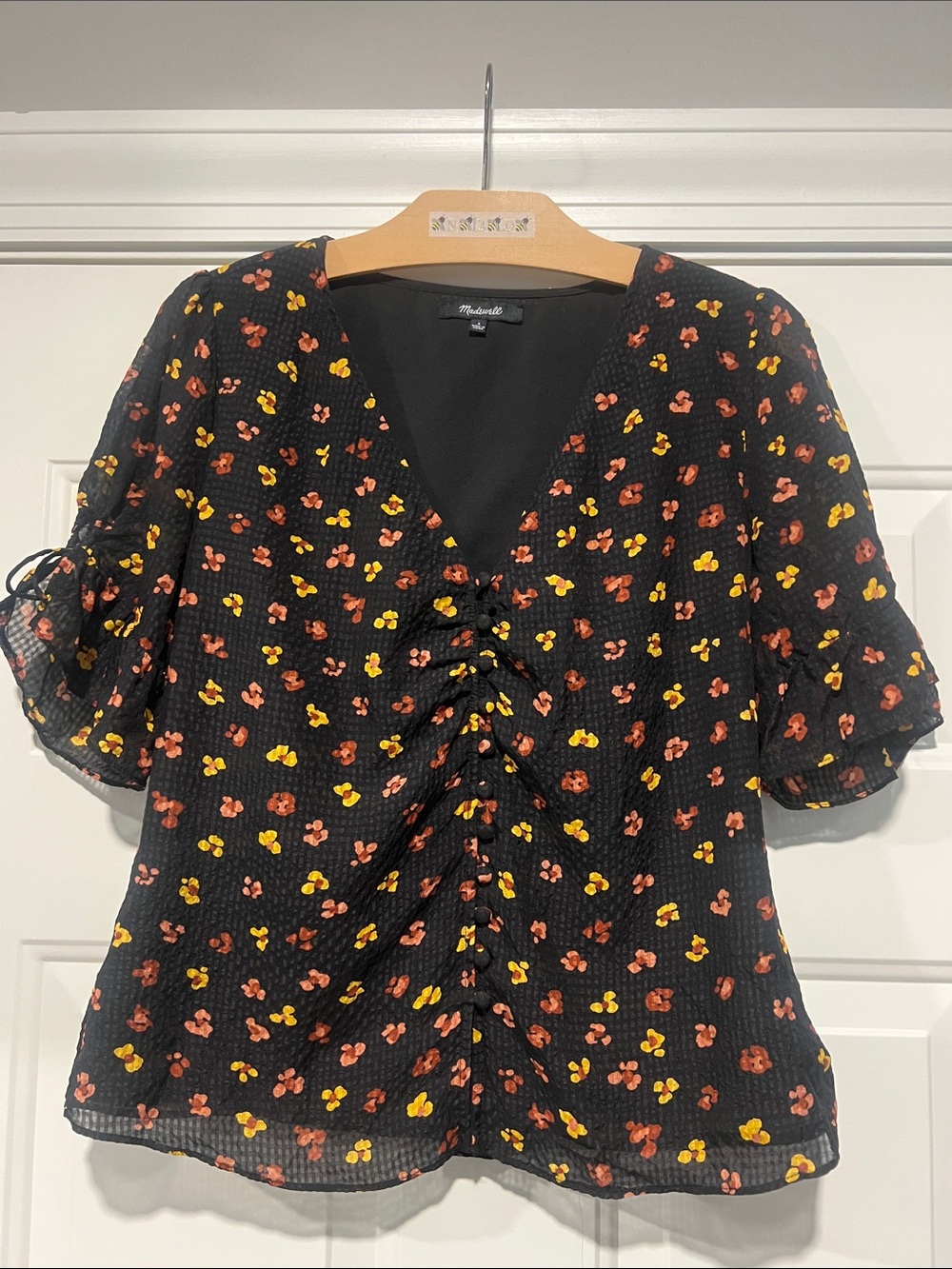 Madewell Silk Black V-Neck Tie-Sleeve Floral Top Sz 4 Coquette Cottage Prairie